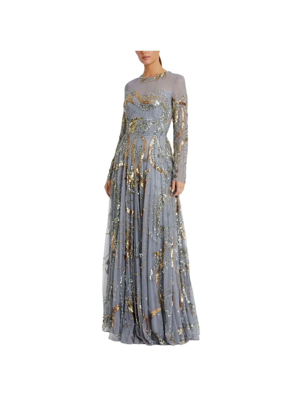 Mac Duggal 5217 Silver/Gold Evening Gown Sequin Long Sleeve A-Line Dress Size 6